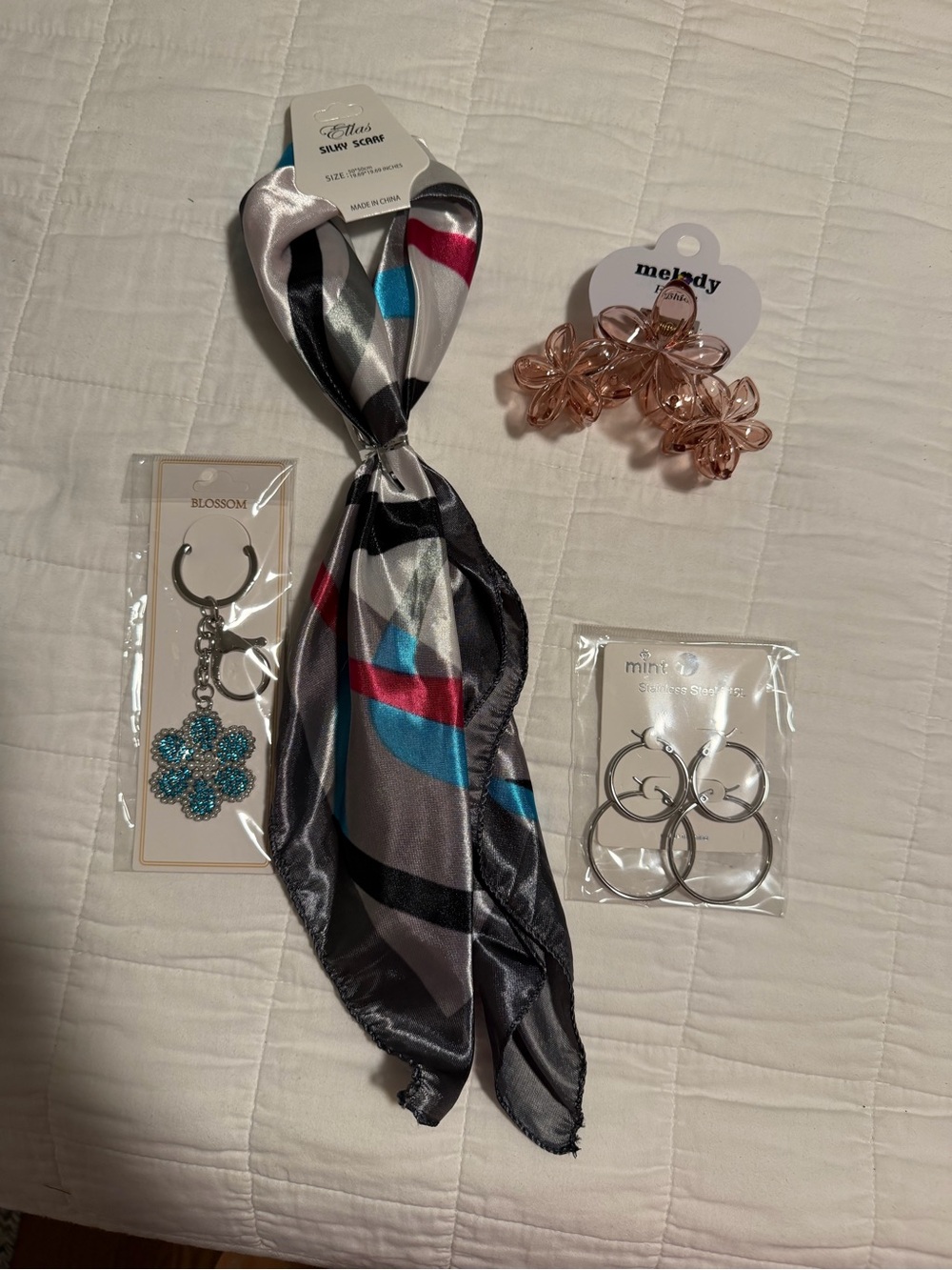 Silky Scarf, Hoop Earrings & Floral Accessory Gift Bundle – 4-Piece Set